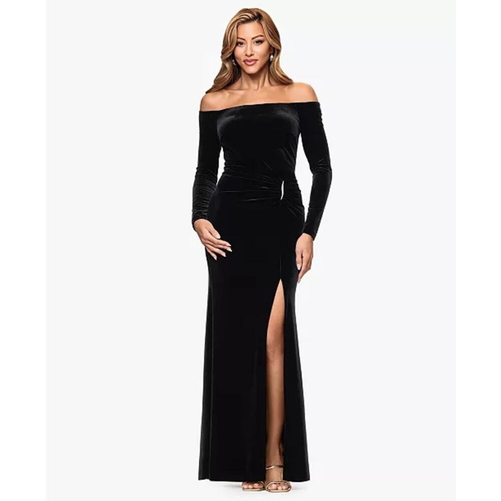Xscape Velvet Formal Evening Gown Sz 12 Black Wedding Cocktail Party Prom Dress